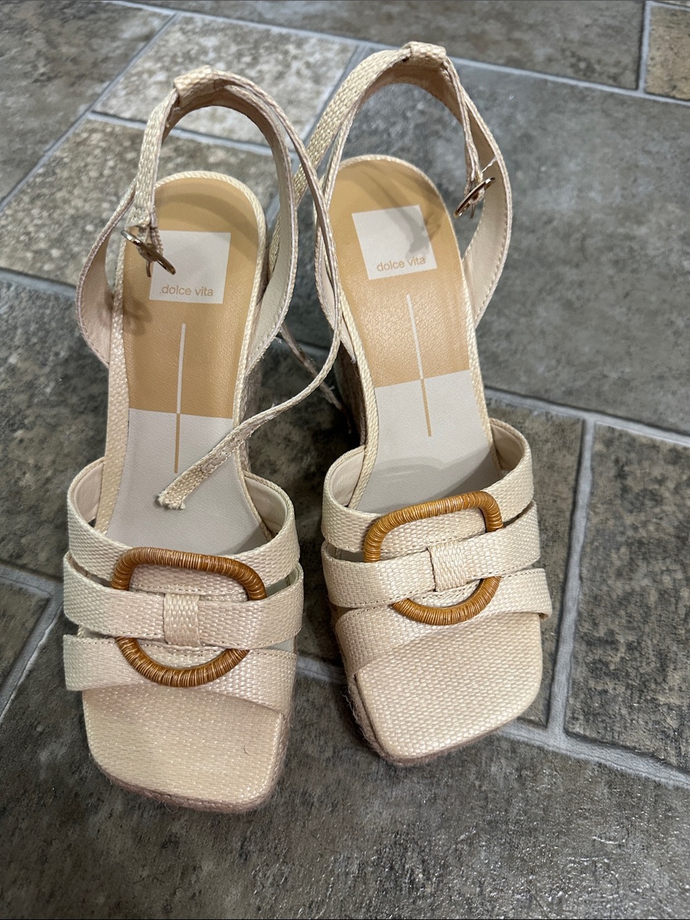 Dolce Vita Beige Woven Slingback Heels with Rattan Buckle